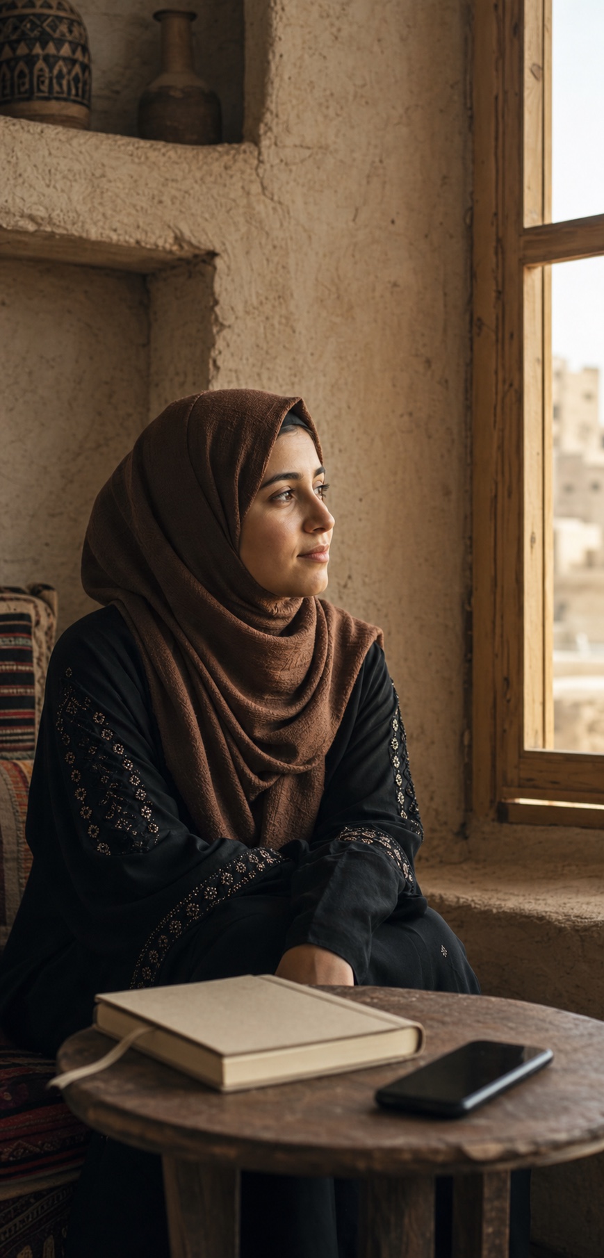 امرأة يمنية تجلس قرب نافذة وإلى جانبها دفتر وهاتف