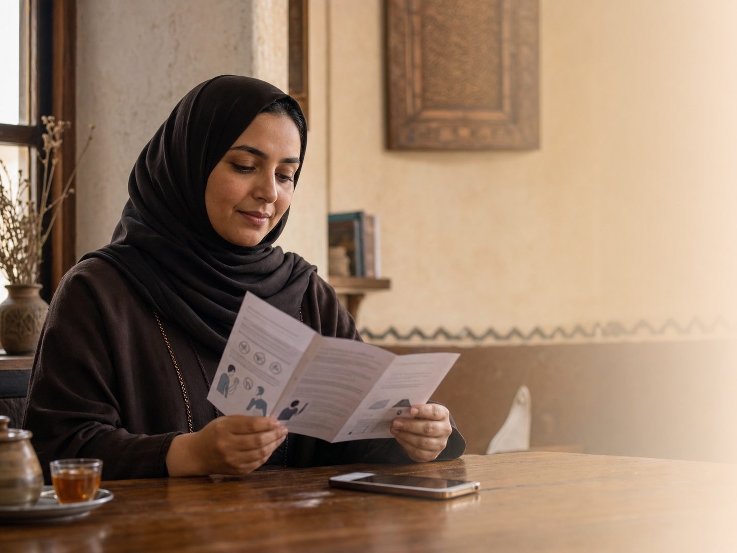 امرأة يمنية تقرأ دليلًا مبسطًا للسلامة الرقمية في مساحة منزلية هادئة