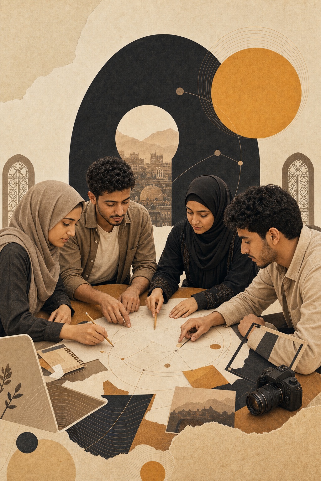 متطوعتان يمنيتان محجبتان ومتطوعان يمنيان يتعاونون حول مخطط بصري مستوحى من عمارة صنعاء