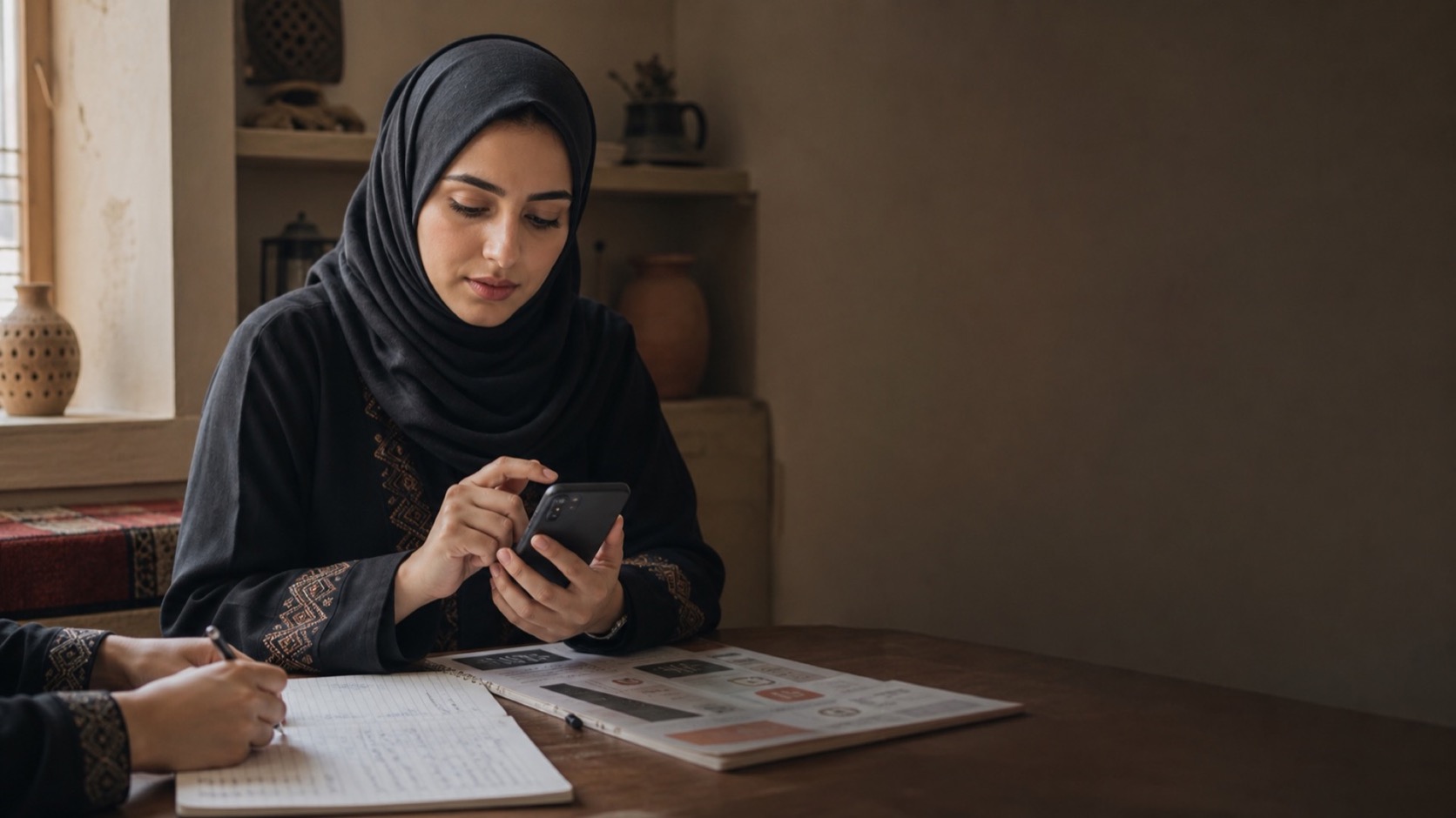 امرأة يمنية تراجع هاتفًا ودليلًا للسلامة الرقمية مع زميلة