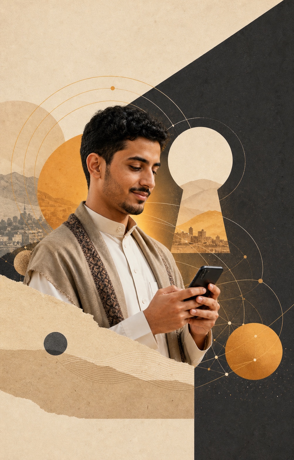 شاب يمني يستخدم هاتفه بثقة وسط عناصر بصرية ترمز إلى الأمان والخصوصية