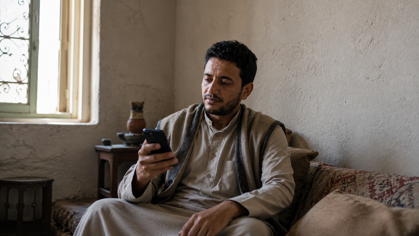 رجل يمني يتصفح هاتفه في بداية التفاعل مع إعلان رقمي.