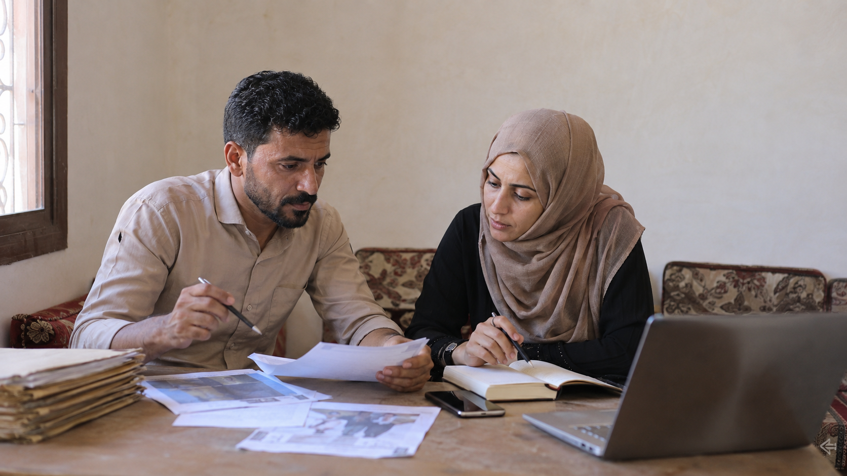 شخصان يراجعان الأدلة والوثائق ضمن عمل تحقيقي تعاوني.